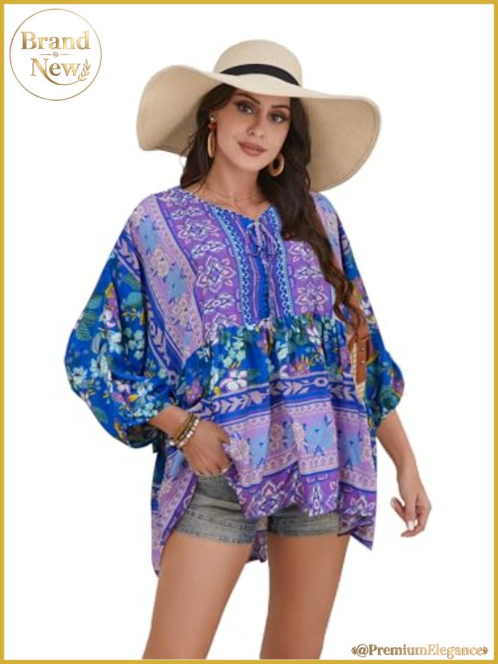 Women's Boho Tunics 3/4 Sleeve V-Neck Blouse Floral Print Rayon Top